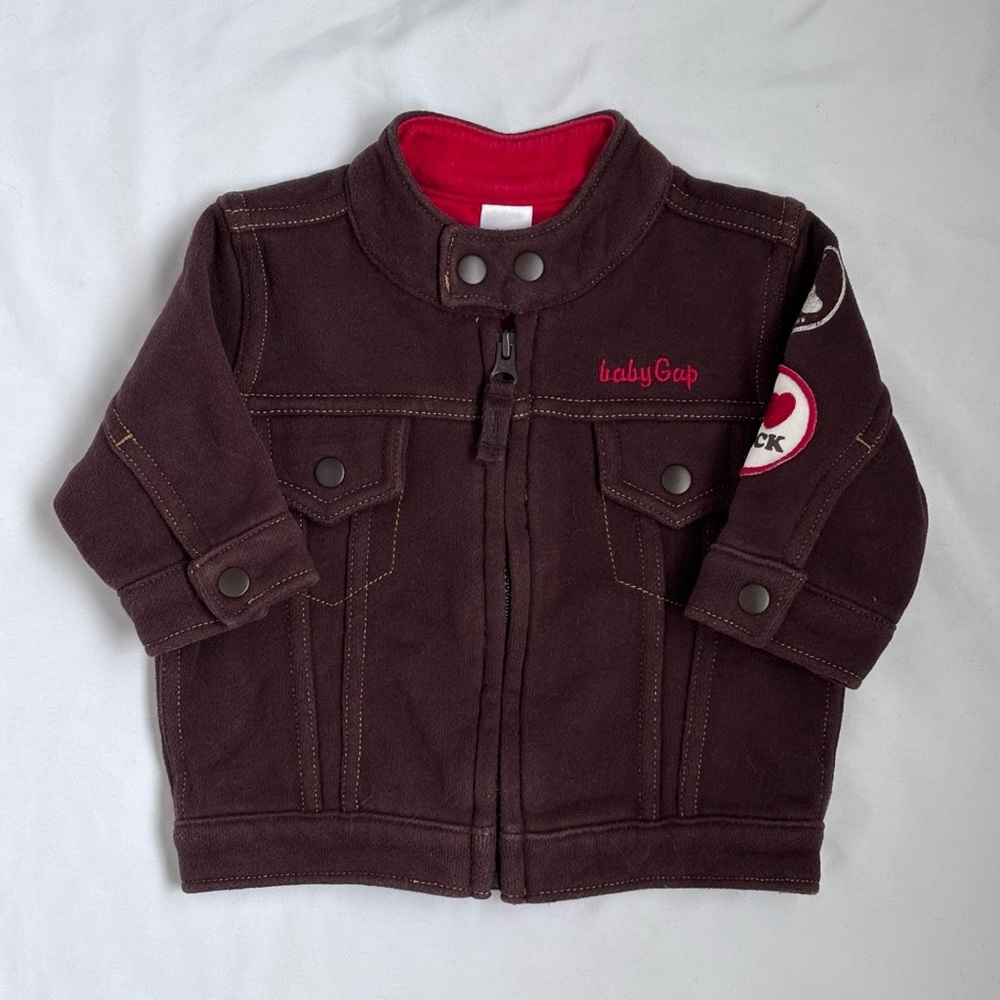 ⭒ 3M+ VTG Y2K Baby GAP Motorcycle Trucker Jacket Brown I <3 Rock Rock N Roll ⭒